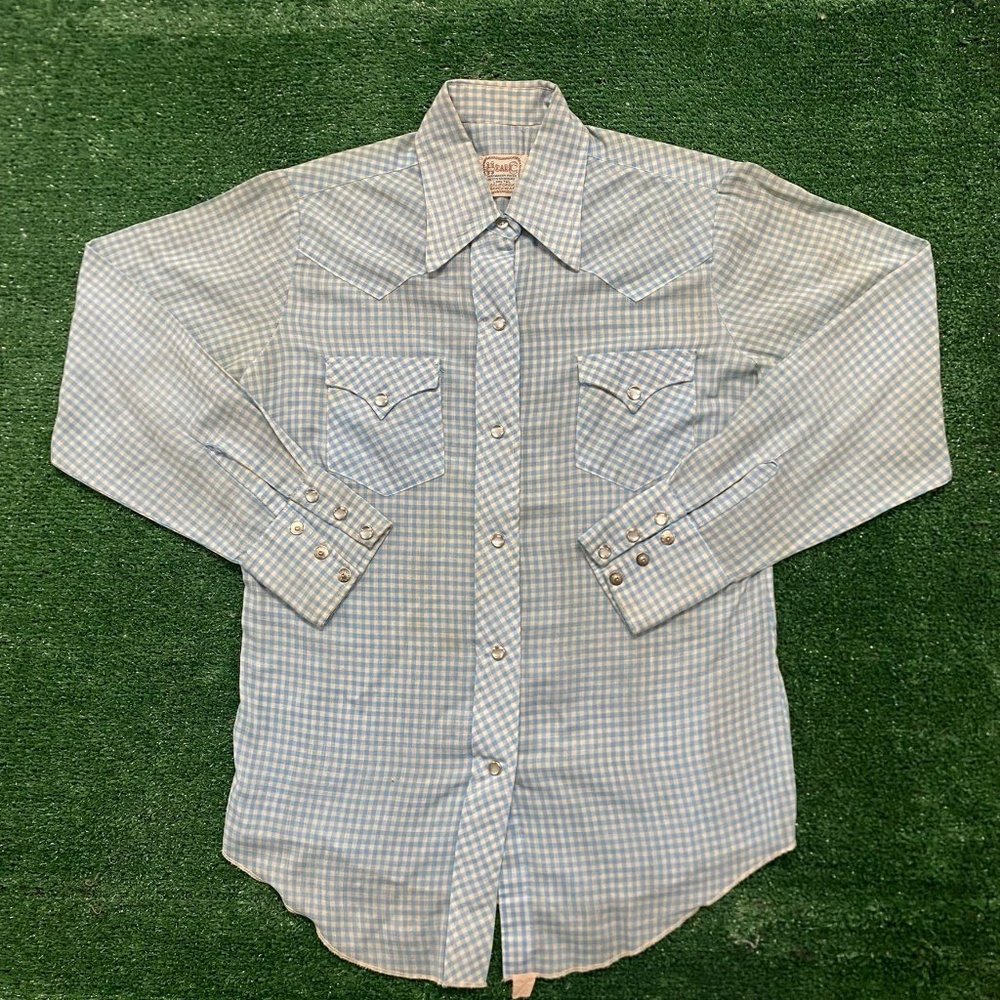 Vintage 70s H Bar C Pearl Snap Western Shirt Blue Plaid S Cowboy Ranch Gingham